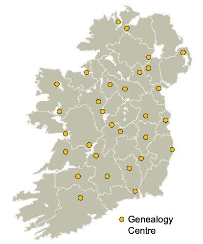 A map of Ireland displaying most genealogy centres across Ireland