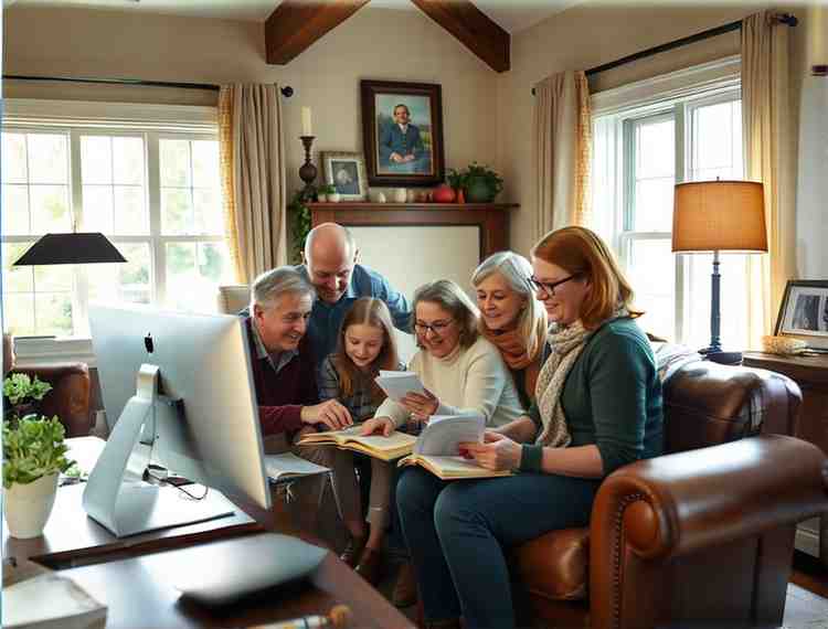 An image of a family researching their genealogy and ancestral background